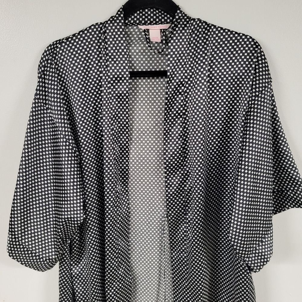 VICTORIAS SECRET Black White Gingham Satin Kimono Robe S/M